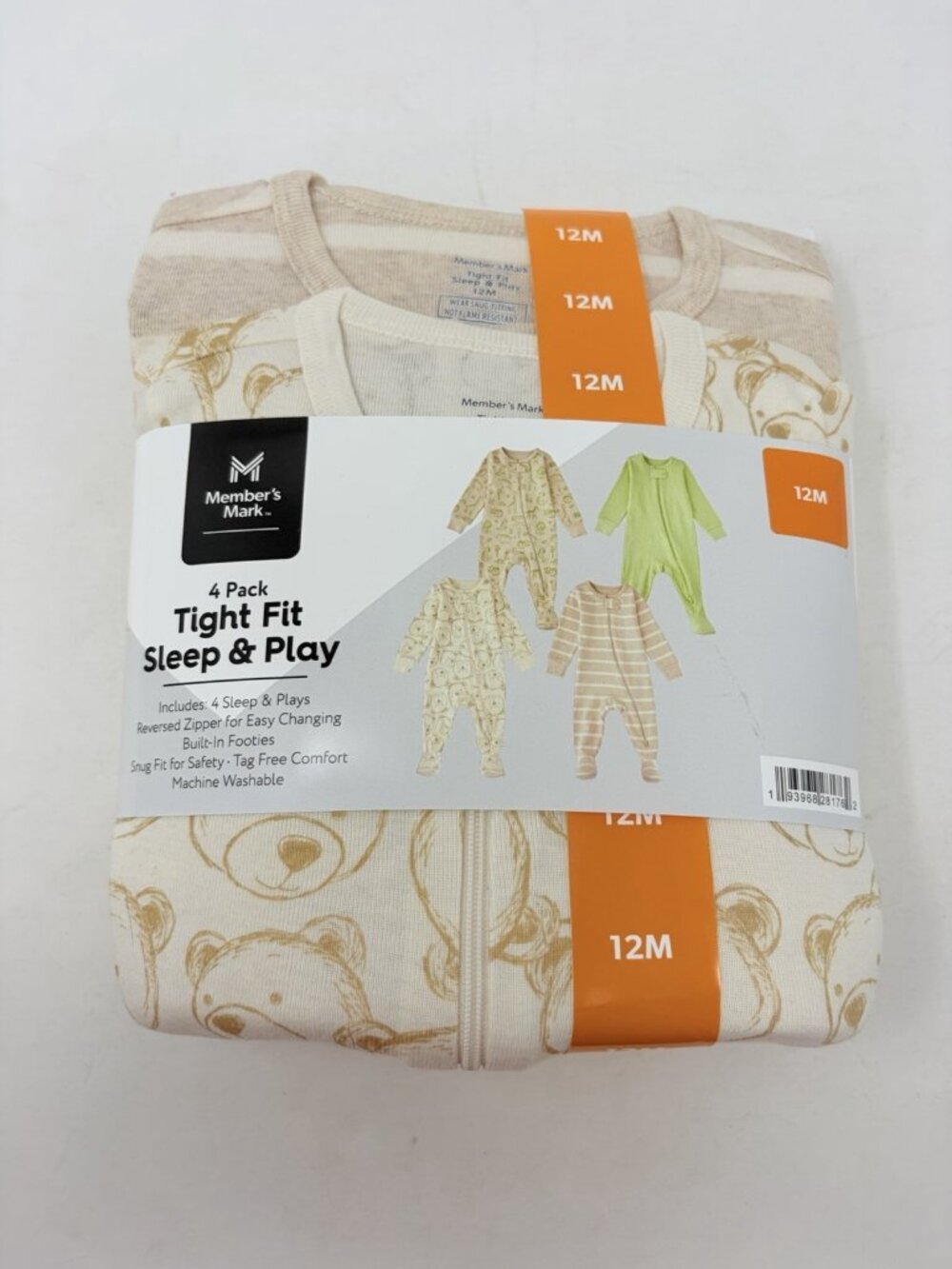 Members Mark Baby Boys 12 Months 4 Pack Tight Fit Sleep‎ & Play One Piece 968